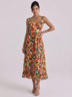 Midi-jurk van chiffon met abstracte print en ruches aan de zoom