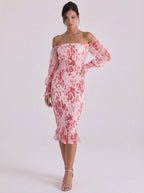 Chiffon off-shoulder bloemen midi-jurk met gesmokte taille