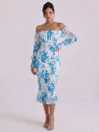 Chiffon off-shoulder bloemen midi-jurk met gesmokte taille