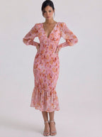 Midi-jurk van chiffon met gesmokte bloemen en ruches aan de zoom