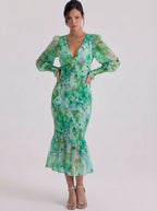 Midi-jurk van chiffon met gesmokte bloemen en ruches aan de zoom