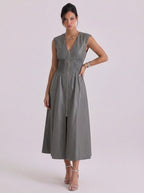 Midi-jurk van kunstleer met rits aan de voorkant en gesmokte taille