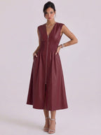 Midi-jurk van kunstleer met rits aan de voorkant en gesmokte taille