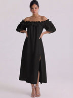 Linnen off-shoulder midi-jurk met ruches en bladerdeeg