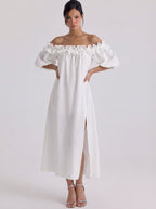 Linnen off-shoulder midi-jurk met ruches en bladerdeeg