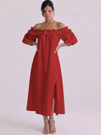 Linnen off-shoulder midi-jurk met ruches en bladerdeeg