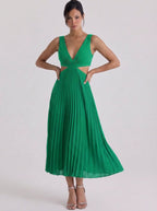 Satijnen geplooide midi-jurk met uitsnijding